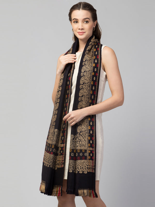 Jamawar Weave Plain Self Design with Border Shawl - Black