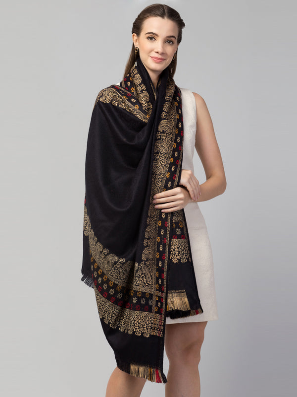 Jamawar Weave Plain Self Design with Border Shawl - Black