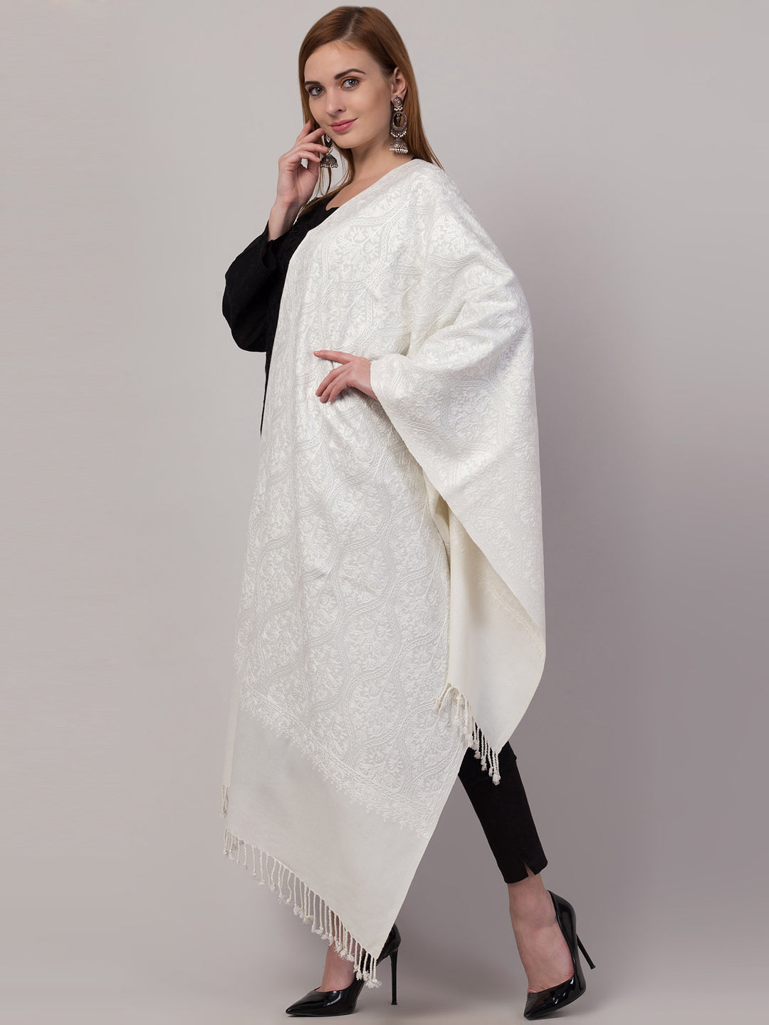 Blended Wool White on White Matka Aari Embroidery Stole