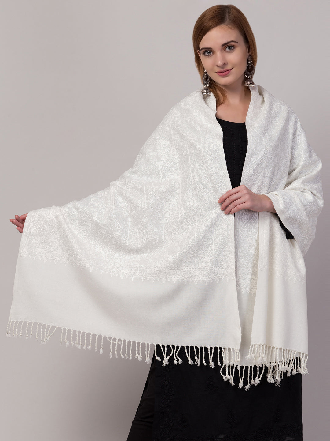 Blended Wool White on White Matka Aari Embroidery Stole