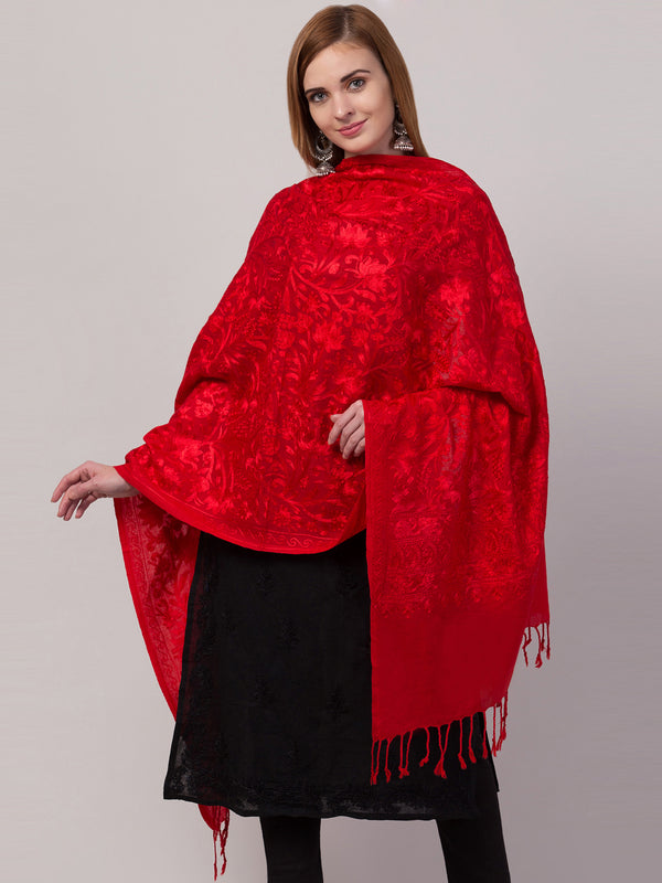 Fine Wool Tone to Tone Silky Thread Kashmiri Embroidery Stole - Red