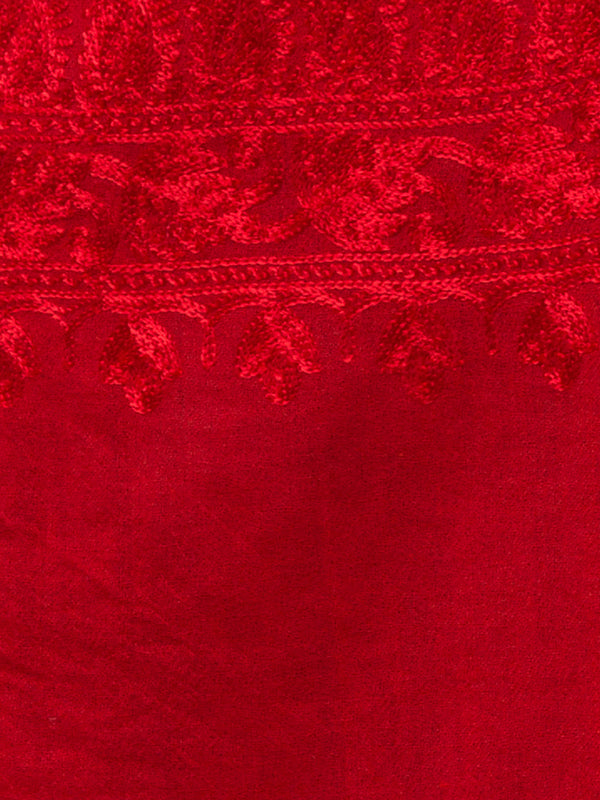 Fine Wool Tone to Tone Silky Thread Kashmiri Embroidery Stole - Red