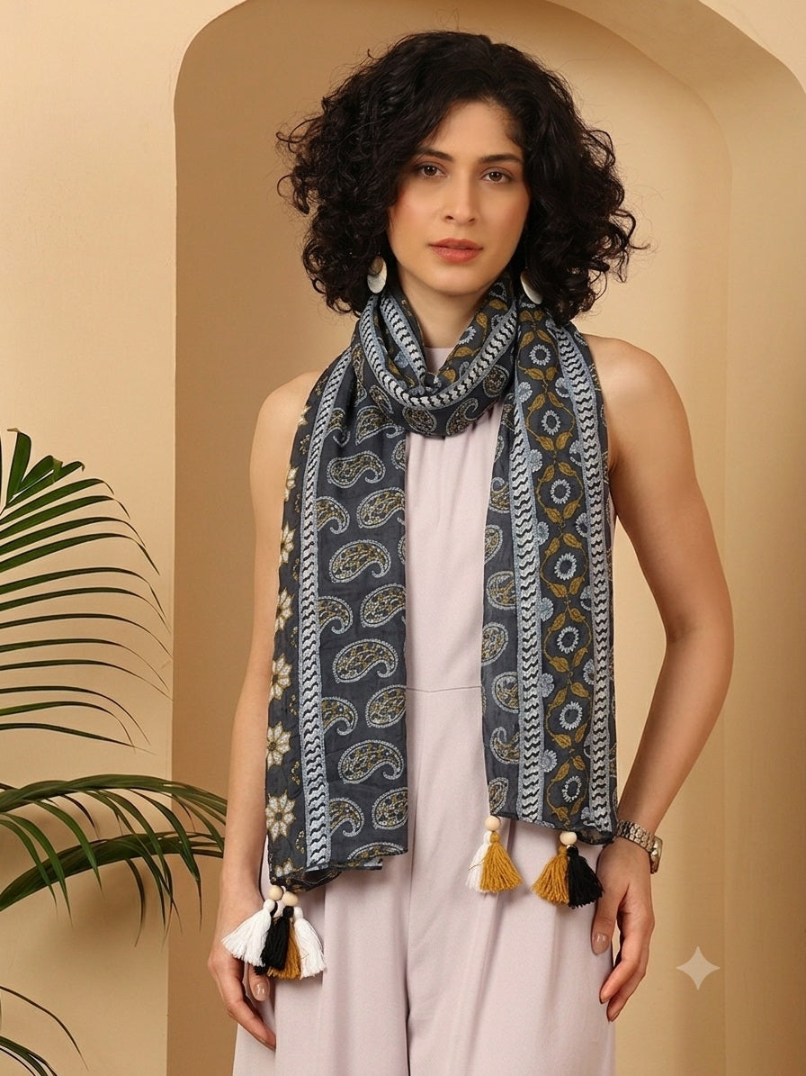 Black pure cotton scarf with tassels
