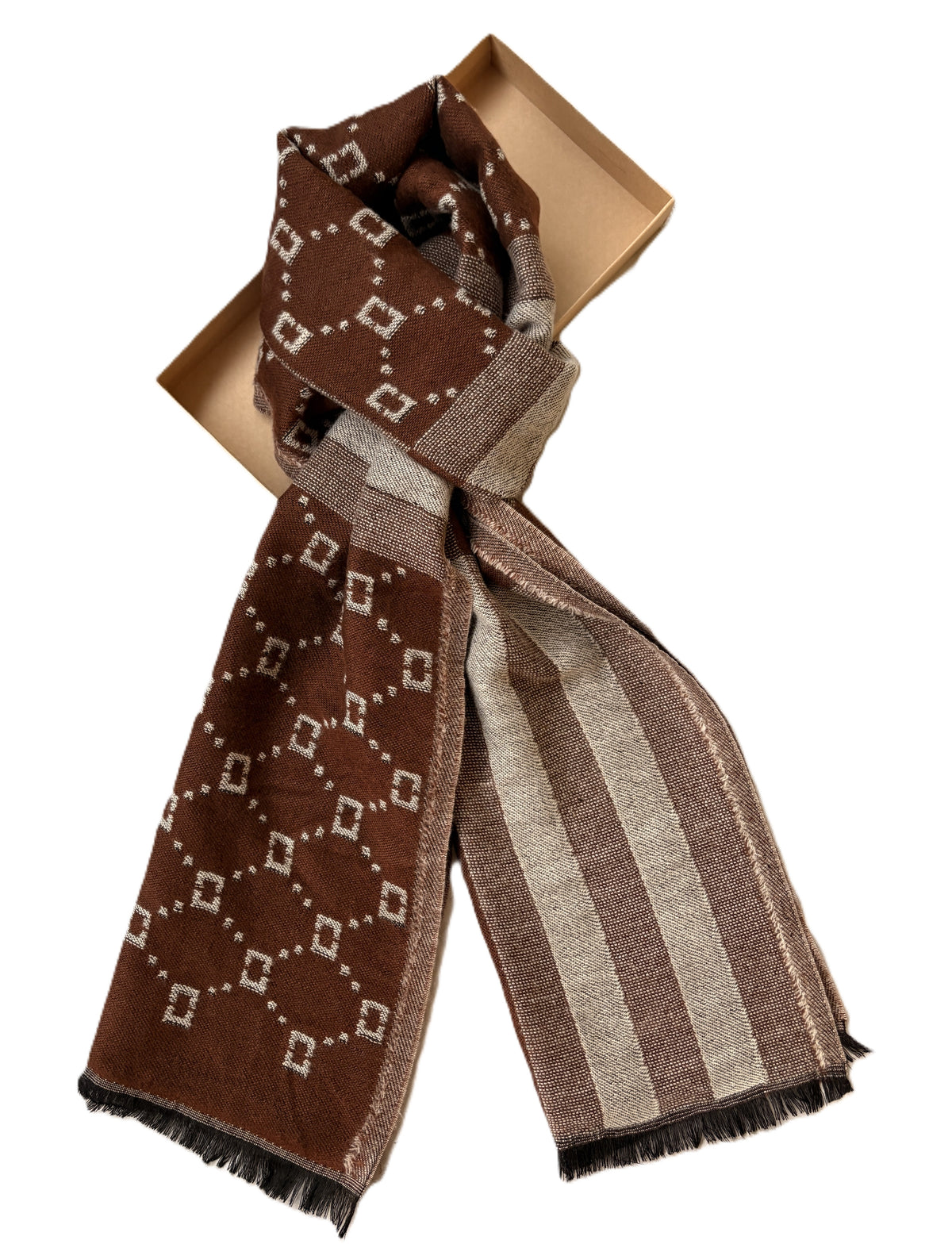 A luxury scarf in navy blue and brown checkered pattern with a geometric design 
