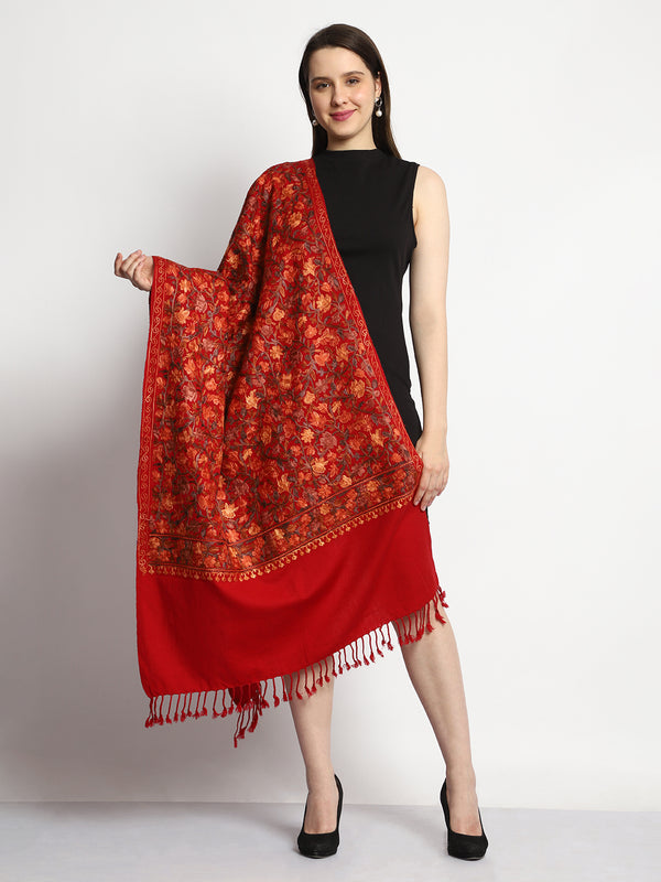 Cashmilon Wool Stole with all over Aari Embroidery - Red