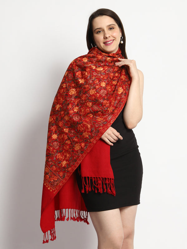 Cashmilon Wool Stole with all over Aari Embroidery - Red