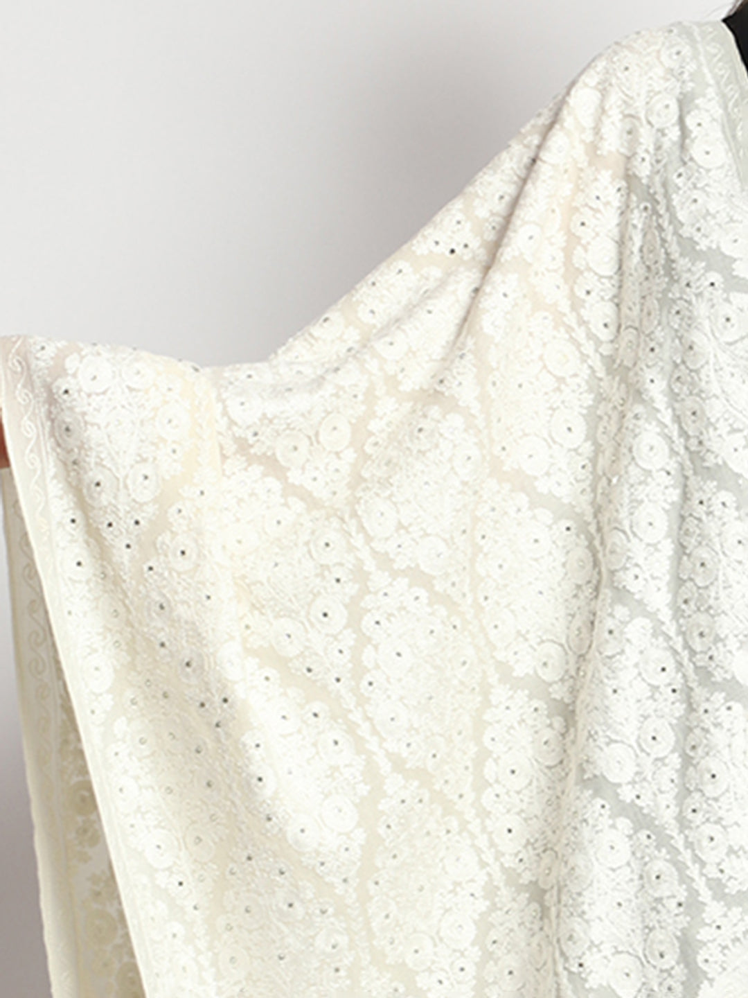 Tweedle Kashmiri Aari Embroidery Stole/ Shawl for Women, Fine Wool, Ethnic Pashmina Feel, Tone to Tone Plain scarf for Winters - Off-White