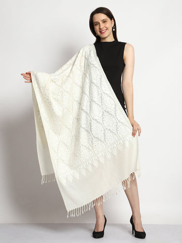 Tweedle Kashmiri Aari Embroidery Stole/ Shawl for Women, Fine Wool, Ethnic Pashmina Feel, Tone to Tone Plain scarf for Winters - Off-White