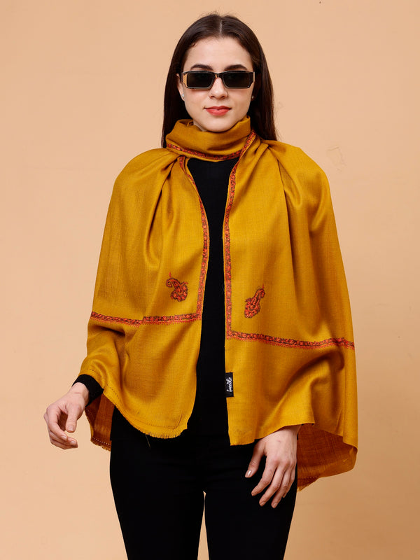 Fine Wool Plain Traditional Kingri Stole with Hand Embroidery Border - Mustard