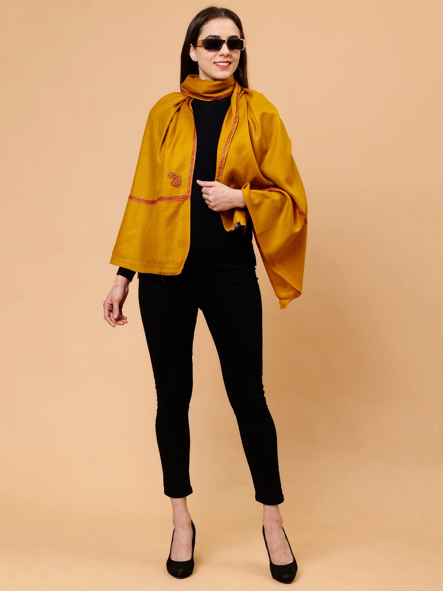 Fine Wool Plain Traditional Kingri Stole with Hand Embroidery Border - Mustard