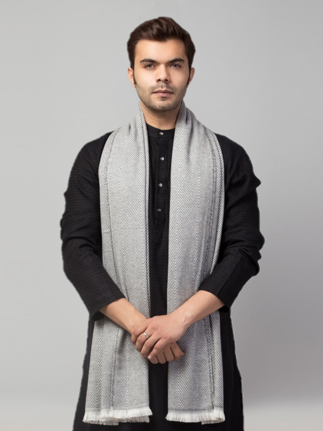Tweedle Heringbone Design Super Soft Woolen Stole / Scarf for Men - Off-White (28 x 80 inches)