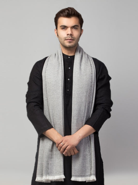 Tweedle Heringbone Design Super Soft Woolen Stole / Scarf for Men - Off-White (28 x 80 inches)