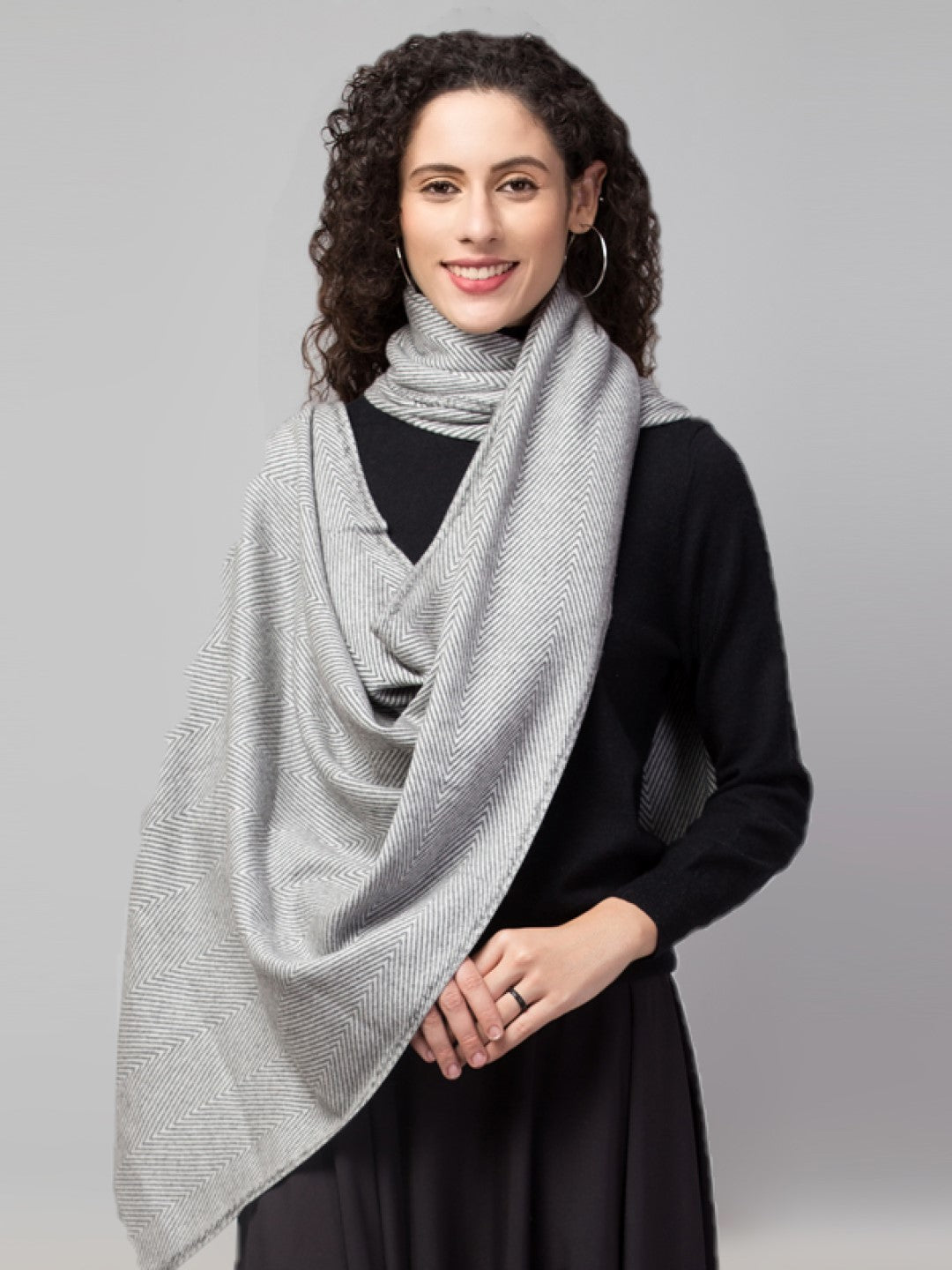 Tweedle Heringbone Design Super Soft Woolen Stole / Scarf for Women - Grey (28 x 80 inches)