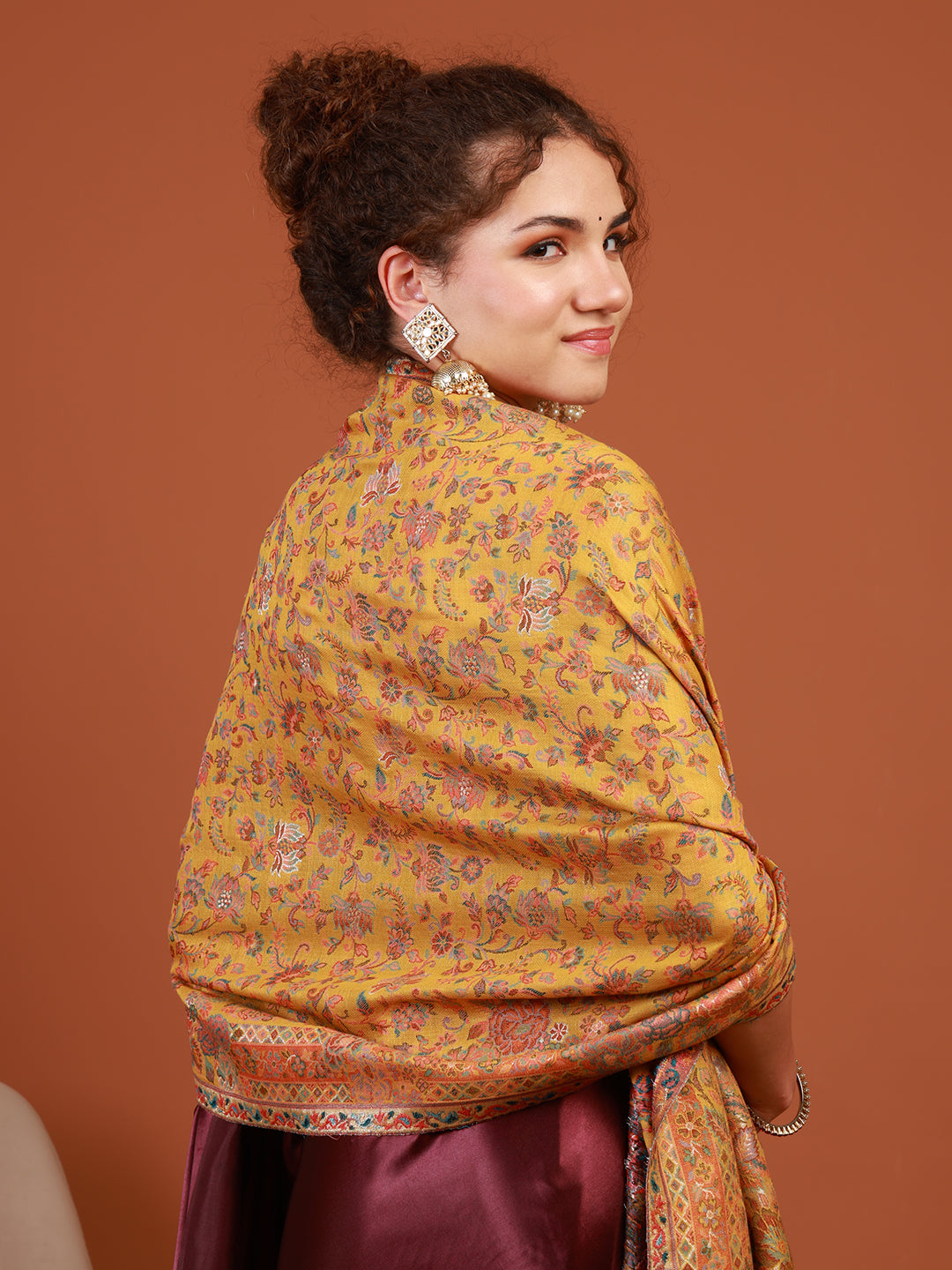 Tweedle Heritage Kashmiri Zari Stole for Women, Darbar Design, Soft Pashmina Feel - Yellow