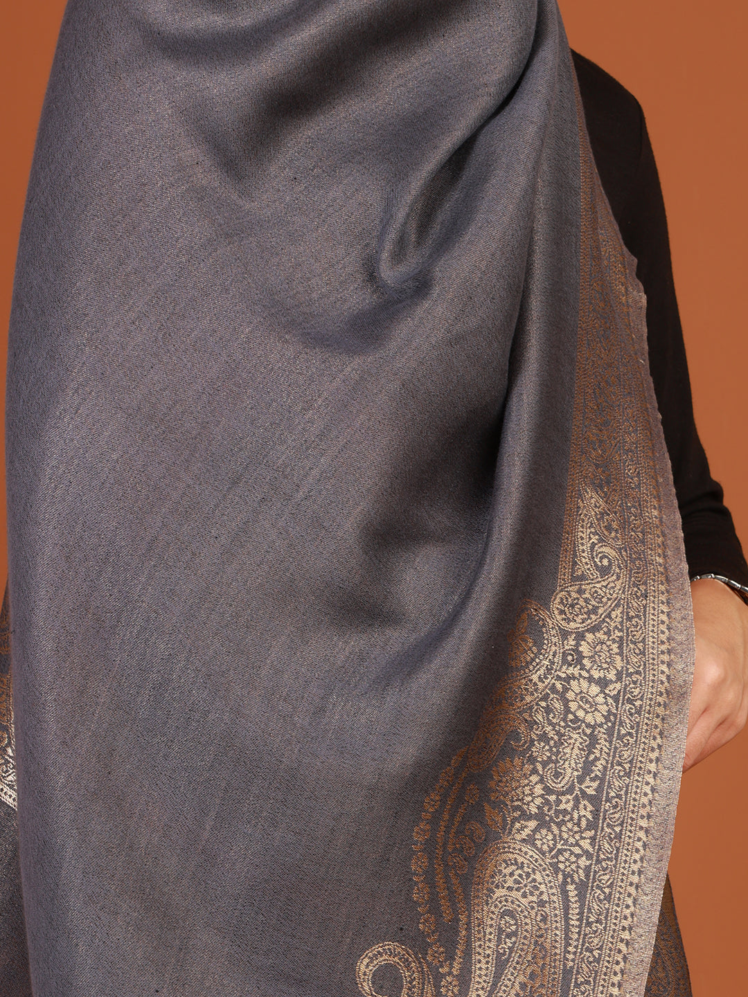 Tweedle Saanjh Double Sided Fine Wool and Resham Stole for Women – Grey (28x80)