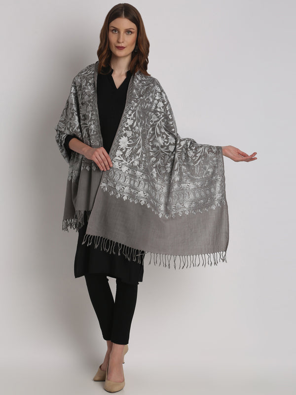 Fine Wool Tone to Tone Silky Thread Kashmiri Embroidery Stole - Grey