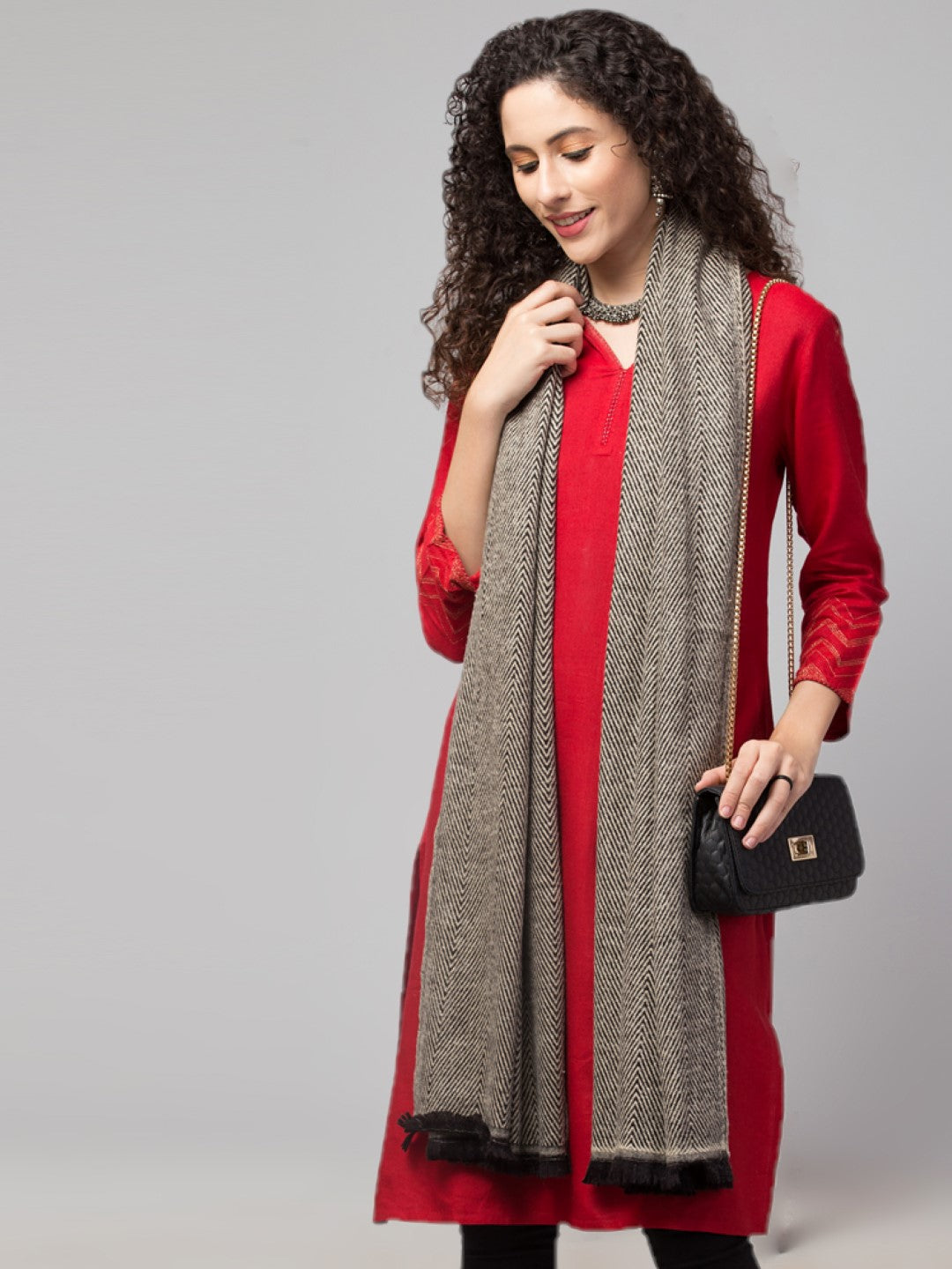 Tweedle Heringbone Design Super Soft Woolen Stole / Scarf for Women - Black (28 x 80 inches)